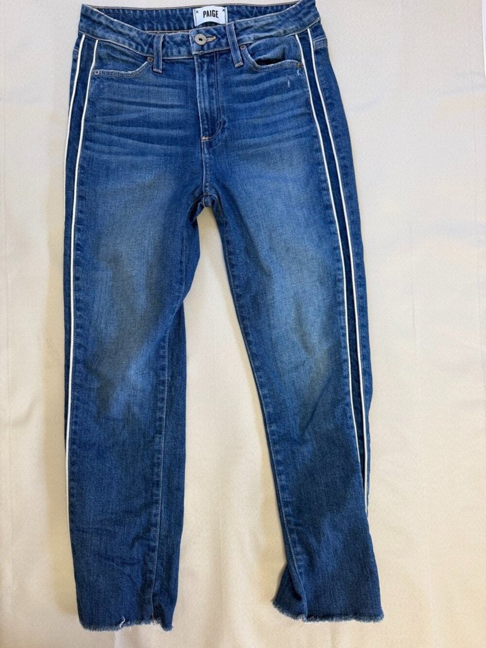Paige Hoxton Straight Ankle Jeans Side Stripe Raw Hem Blue Size 28